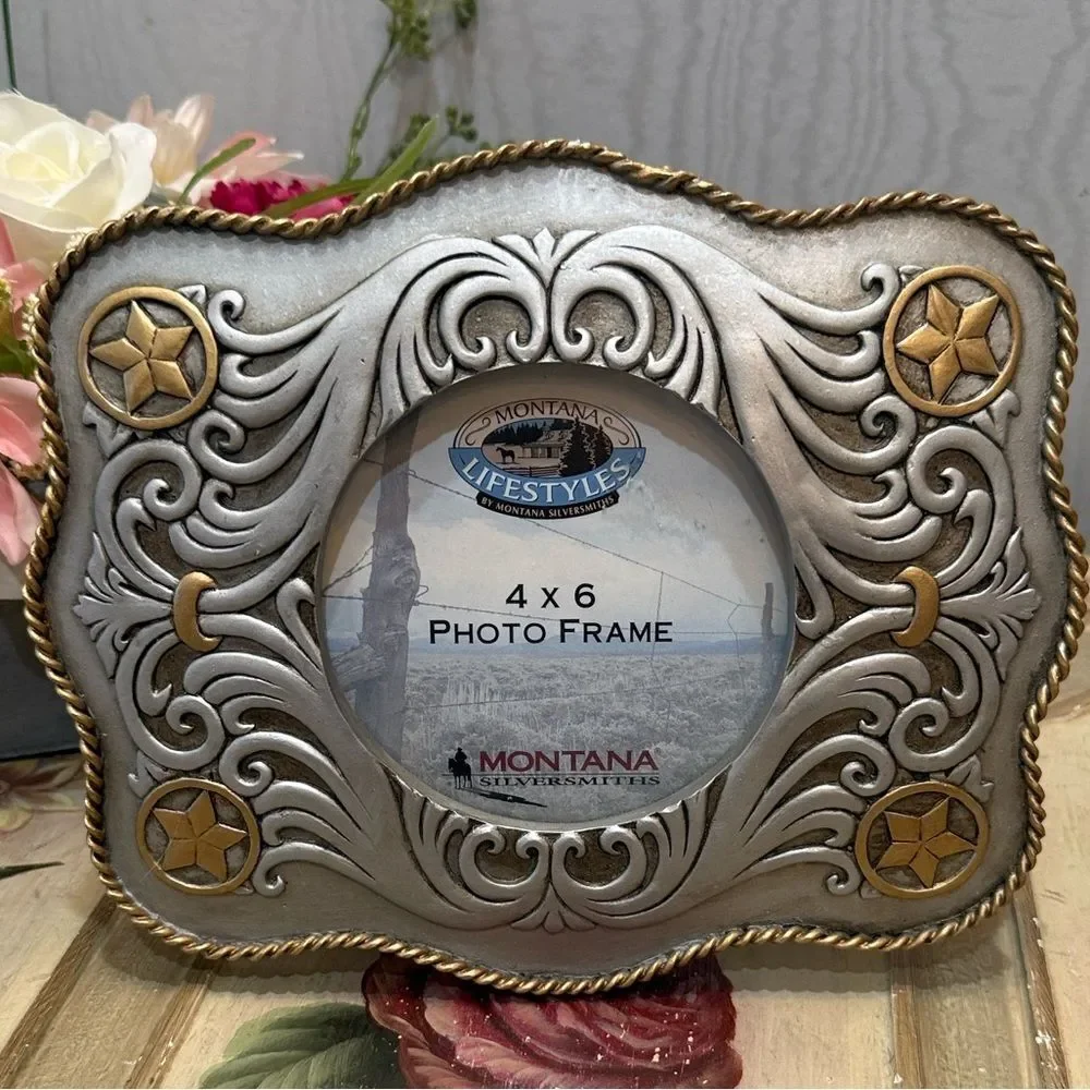 Vintage Montana Silversmiths Silver Gold Rope Trim Western 4x6 Photo Frame